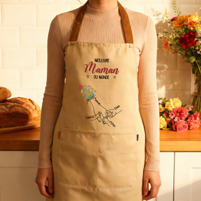Tablier de Cuisine Personnalisé avec motif de mains et 2 à 7 Prénoms, cadeau pour Maman ou Mamie
