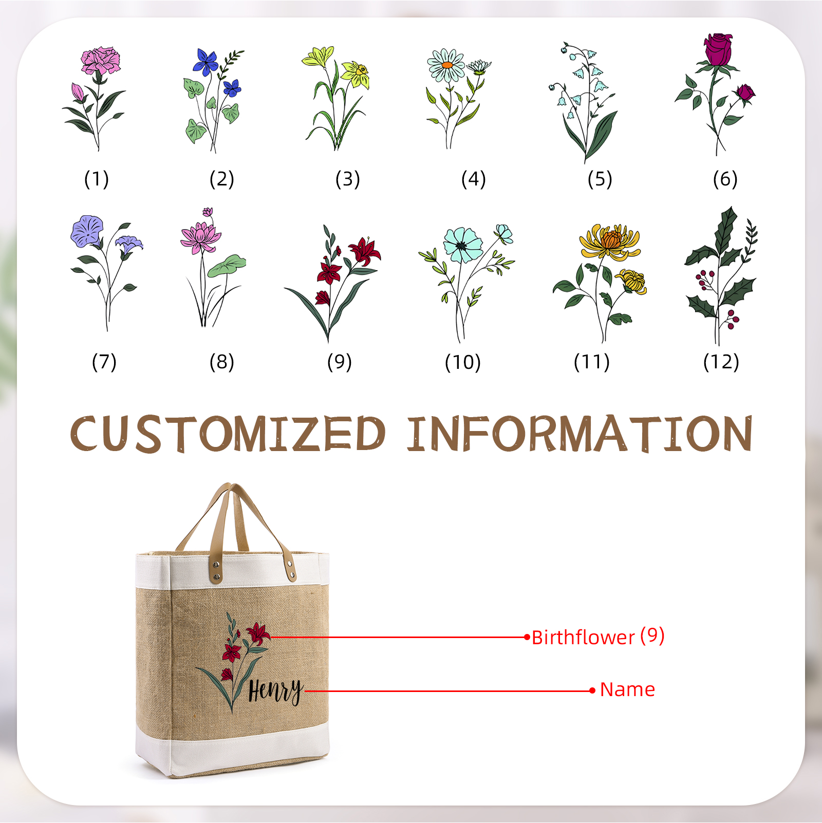 Cabas en jute Personnalisé, Fleur de Naissance et Prénom