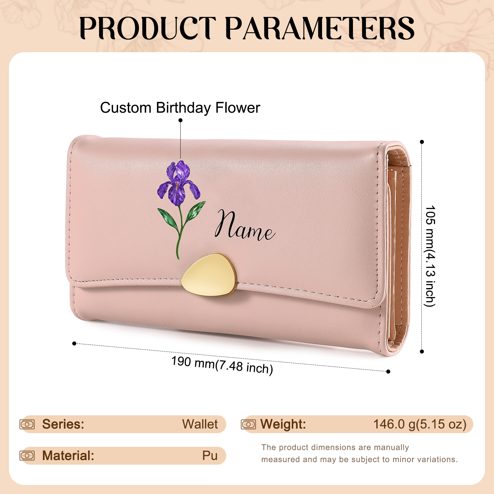 Portefeuille long Personnalisé pour Femme en cuir, avec Fleur de naissance et Prénom