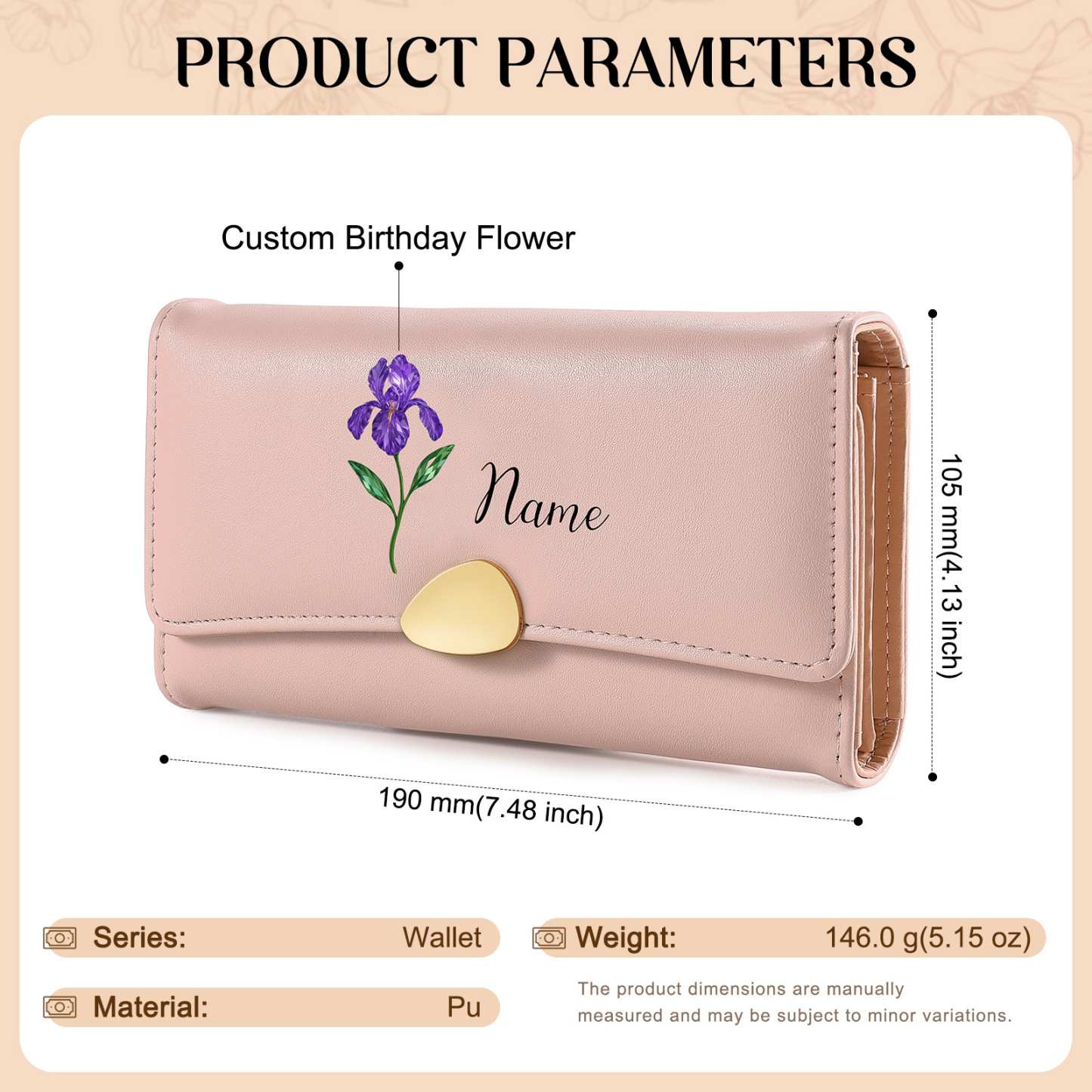 Portefeuille long Personnalisé pour Femme en cuir, avec Fleur de naissance et Prénom
