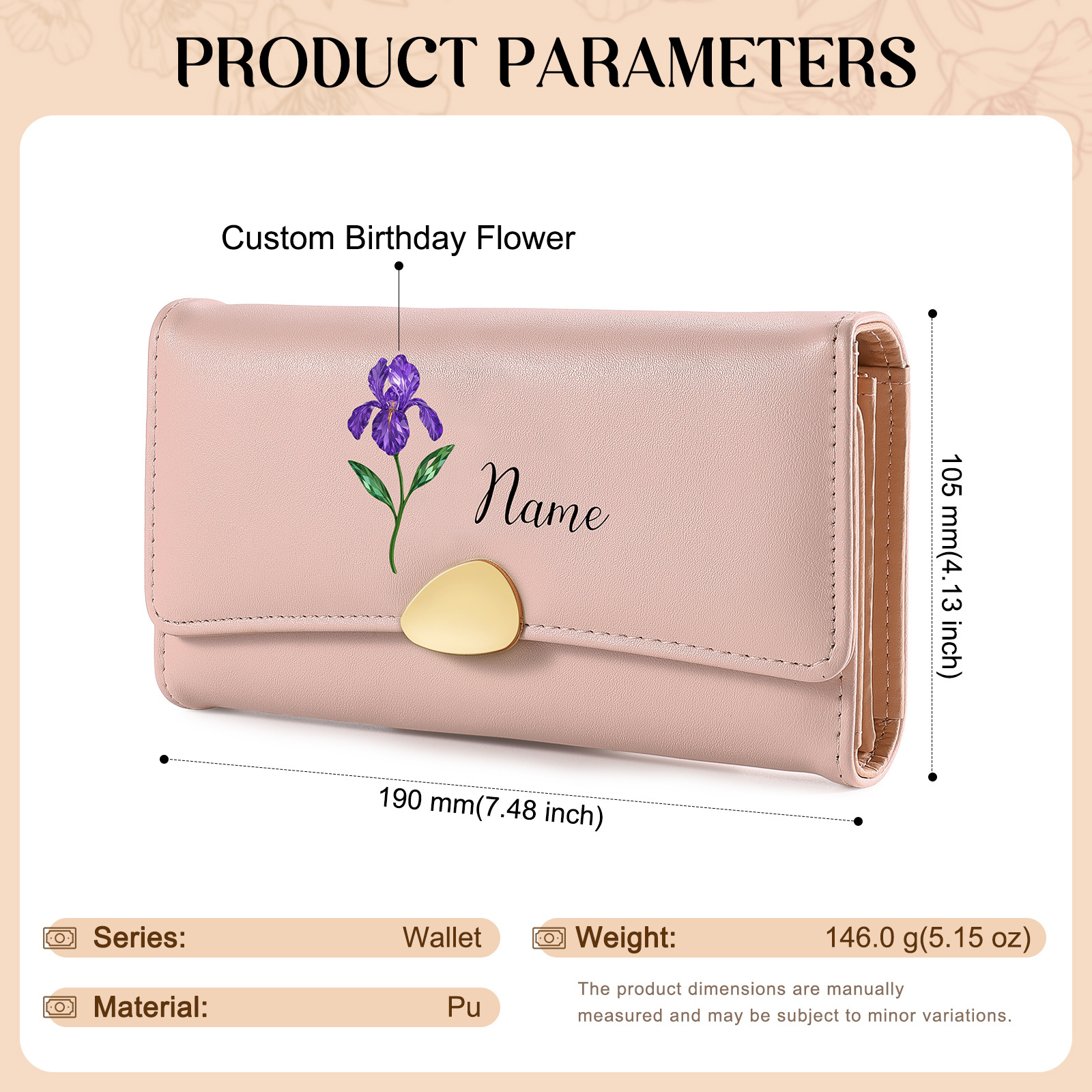 Portefeuille long Personnalisé pour Femme en cuir, avec Fleur de naissance et Prénom