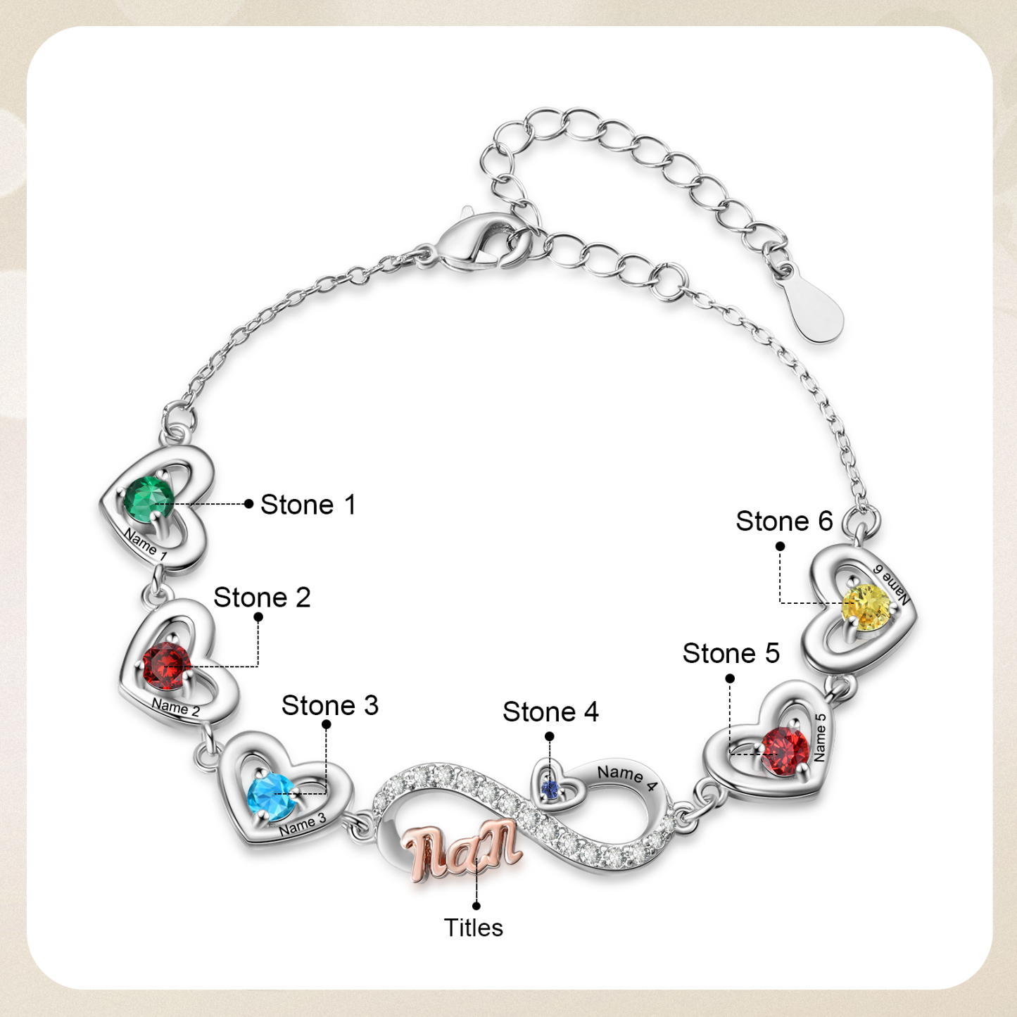 Bracelet Cœur Infini Personnalisé avec Pierres de naissance pour Maman, personnalisable avec 2 à 6 Prénoms