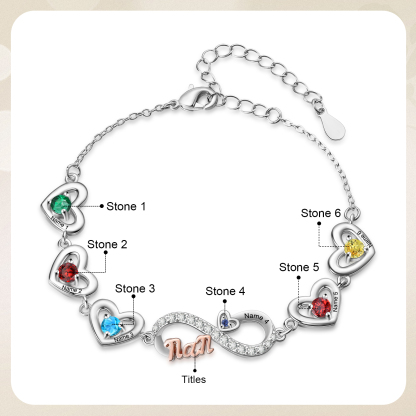 Bracelet Cœur Infini Personnalisé avec Pierres de naissance pour Maman, personnalisable avec 2 à 6 Prénoms