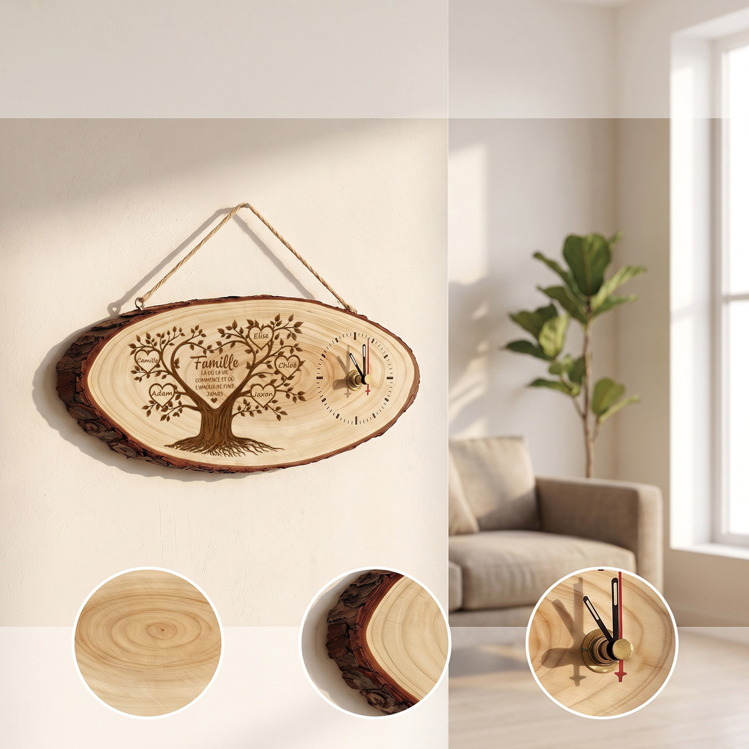 Horloge Murale Personnalisée en Bois avec 2 à 15 Prénoms et Arbre Généalogique