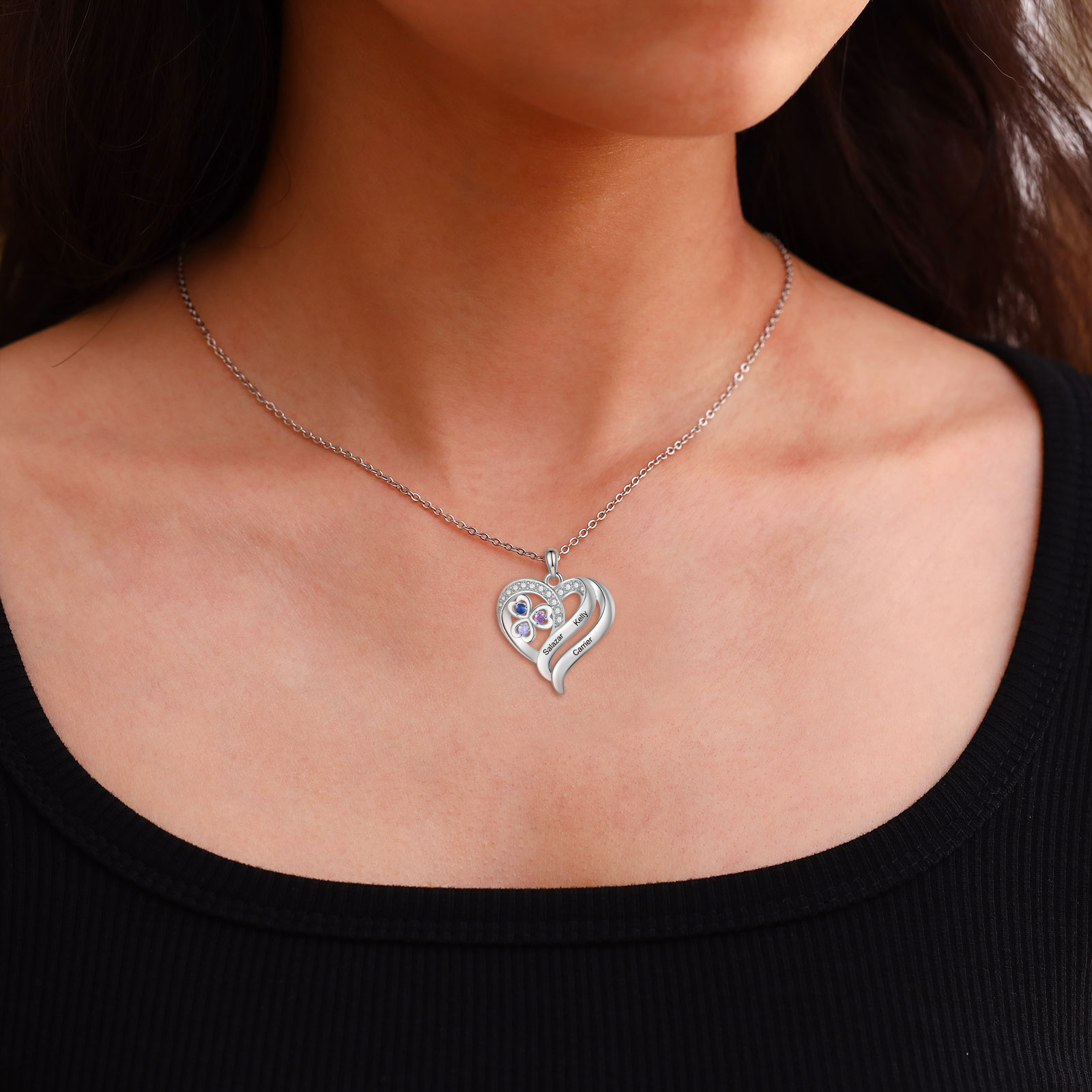 Collier Cœur pour Femme Personnalisé avec 2-4 Prénoms et Pierres de naissance