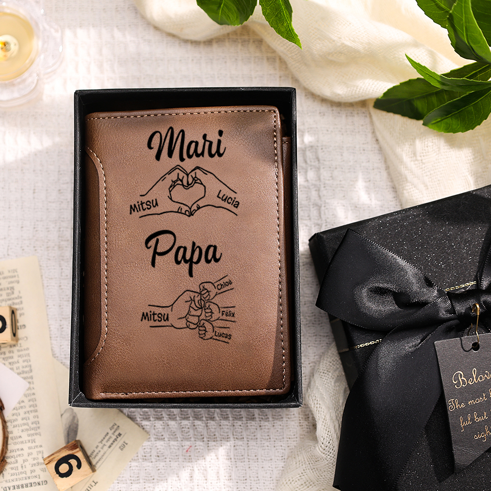 Portefeuille Classique Personnalisé en cuir pour Homme, 1-8 Prénoms d'enfants avec Poing, Cadeau pour la Fête des Pères | Jessemade