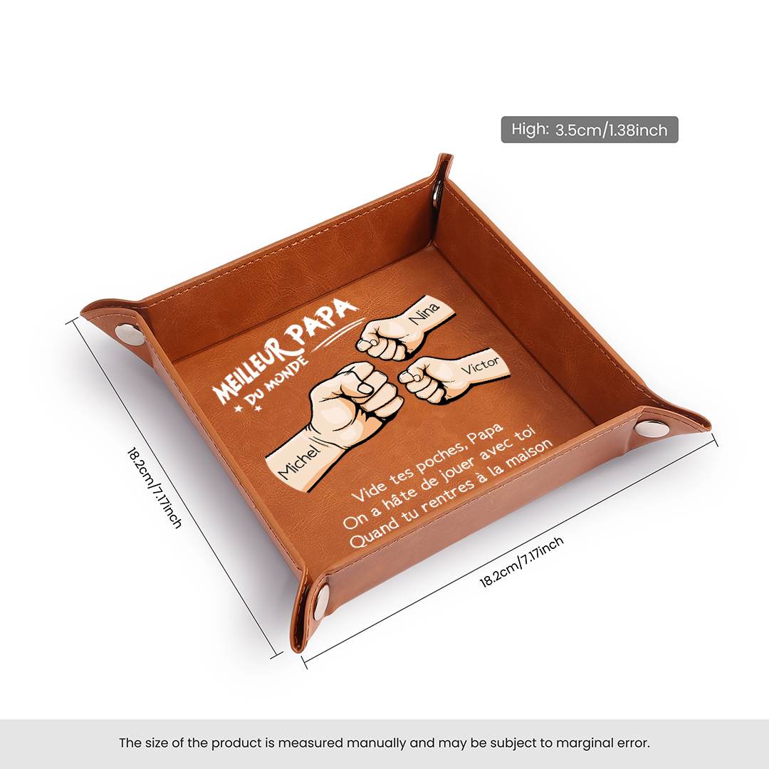 Vide-poche en cuir personnalisé pour papa avec 1 à 6 Prénoms et motif Poing