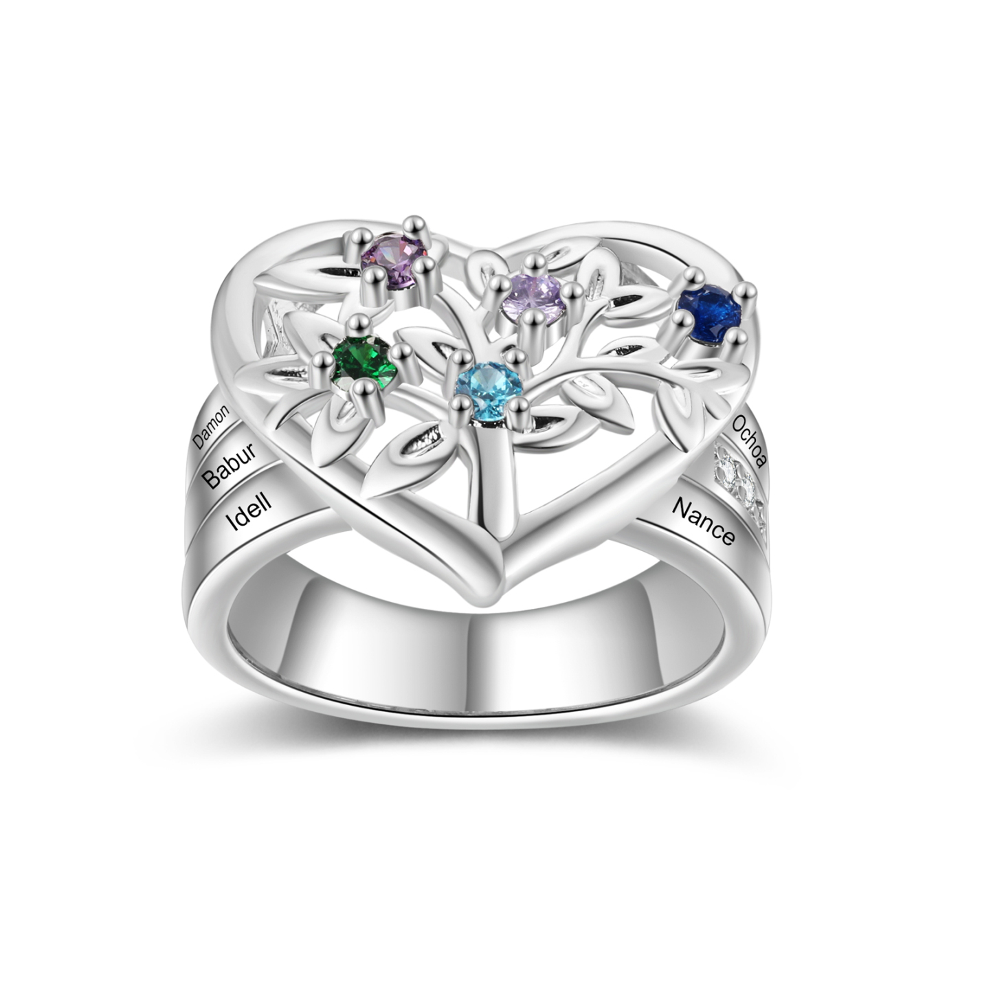 Bague Arbre de Vie Personnalisée – Anneau Cœur avec Pierres de Naissance et Gravure de Noms