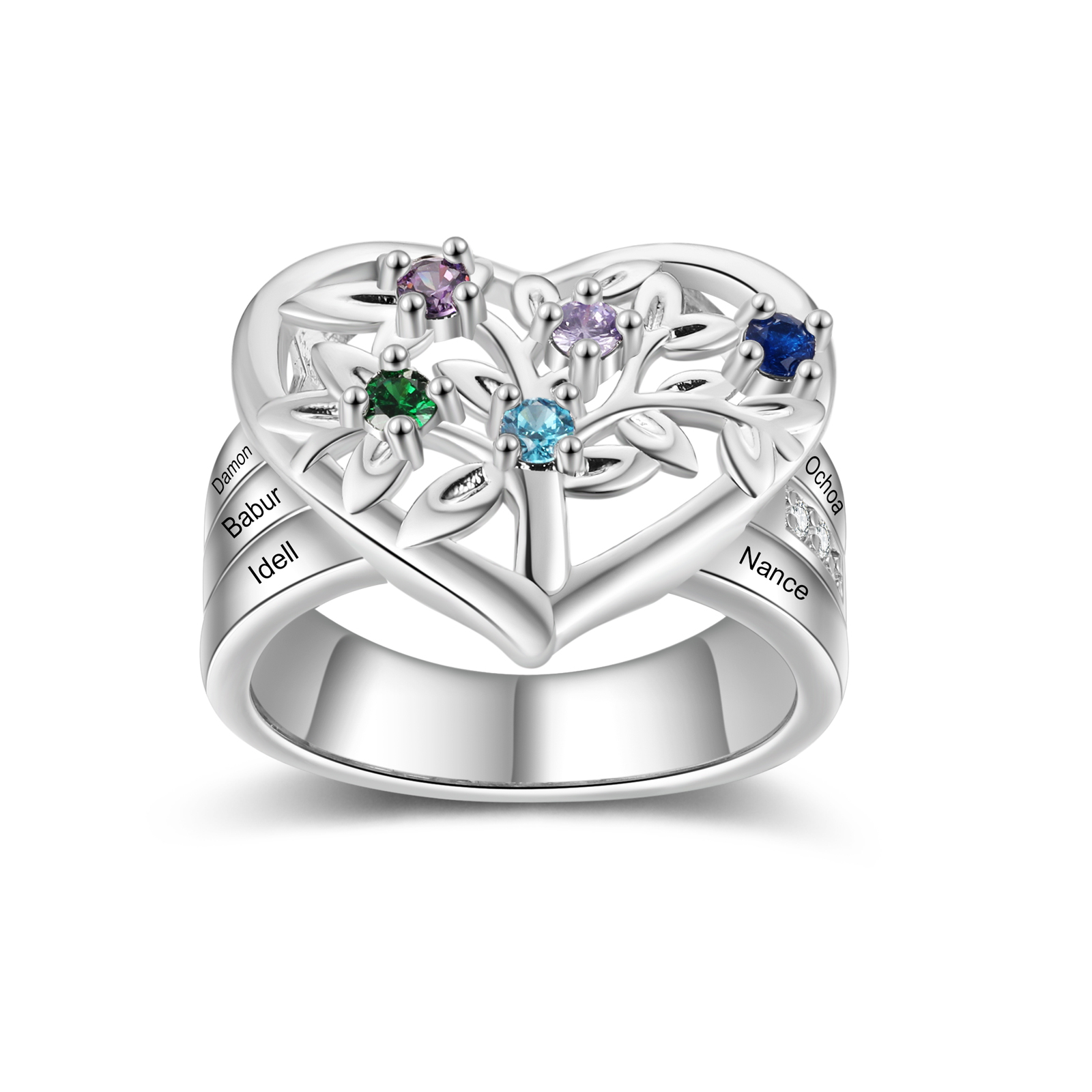 Bague Arbre de Vie Personnalisée – Anneau Cœur avec Pierres de Naissance et Gravure de Noms