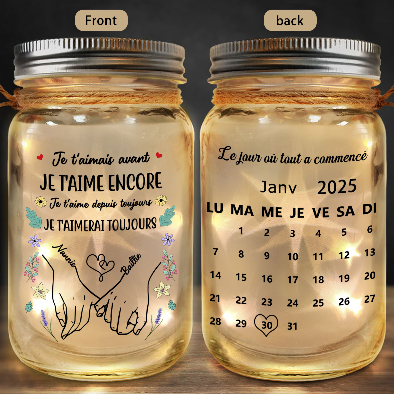 Bouteille Lumineuse Solaire avec Calendrier personnalisé  Mason Jar pour un Couple
