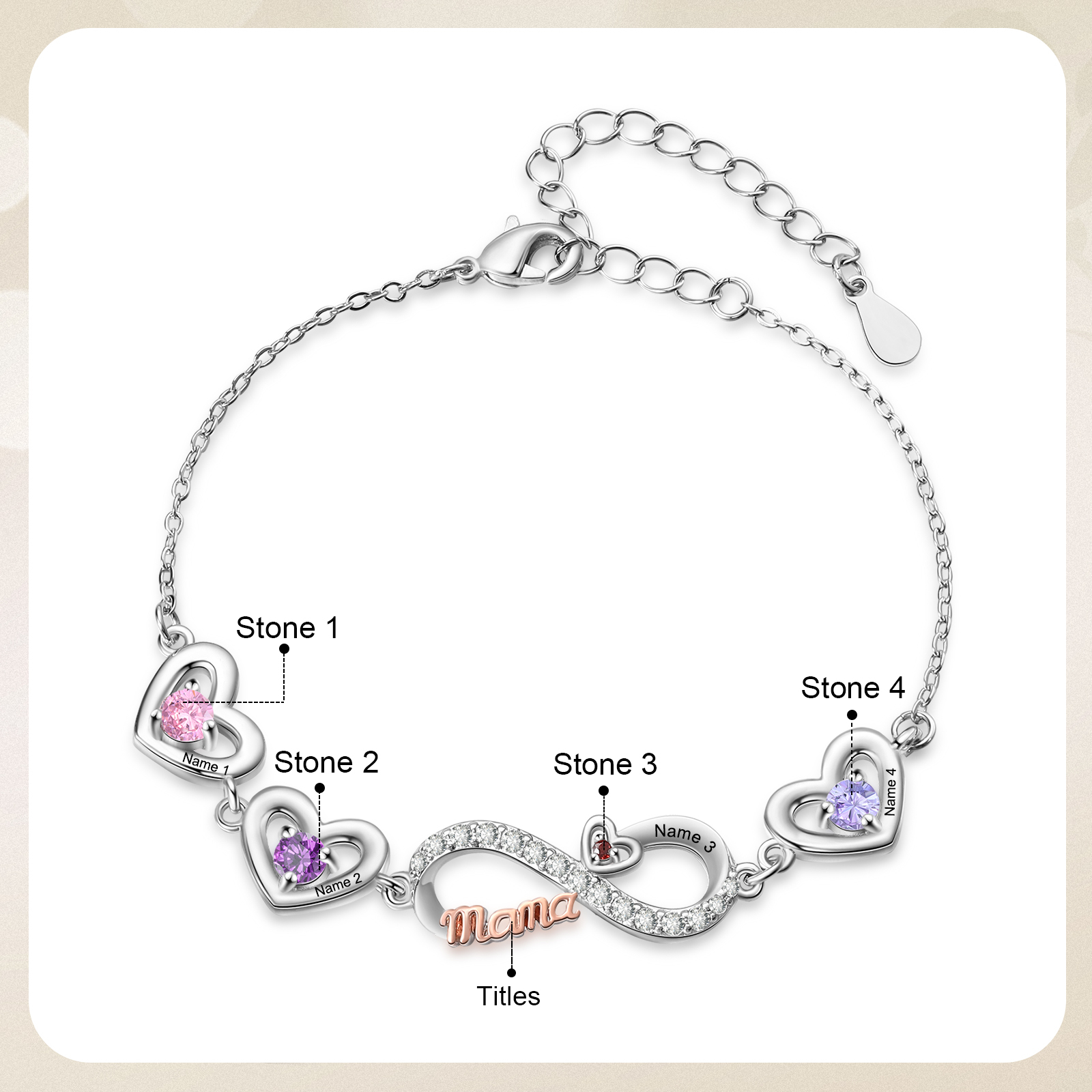 Bracelet Cœur Infini Personnalisé avec Pierres de naissance pour Maman, personnalisable avec 2 à 6 Prénoms