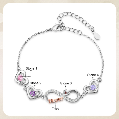 Bracelet Cœur Infini Personnalisé avec Pierres de naissance pour Maman, personnalisable avec 2 à 6 Prénoms
