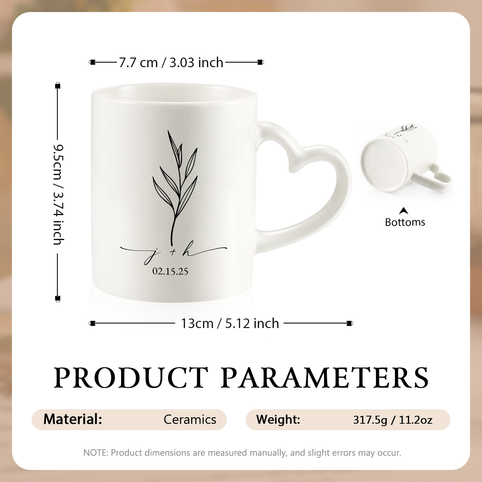 Mug en Céramique Personnalisable à Anse en Forme de Cœur pour Couple/Anniversaire