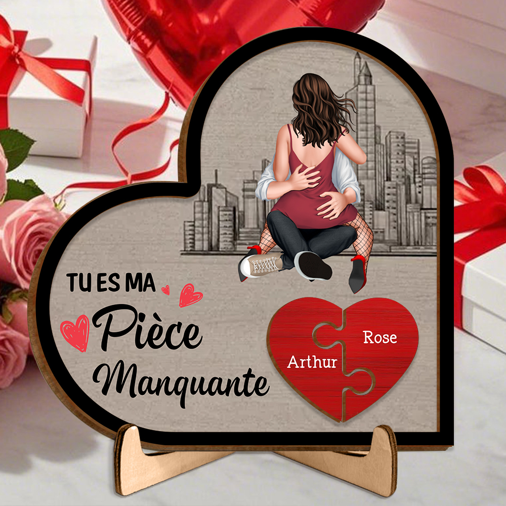 Plaque en Bois Cœur Puzzle avec Socle pour Couple, «Tu es ma pièce manquante»