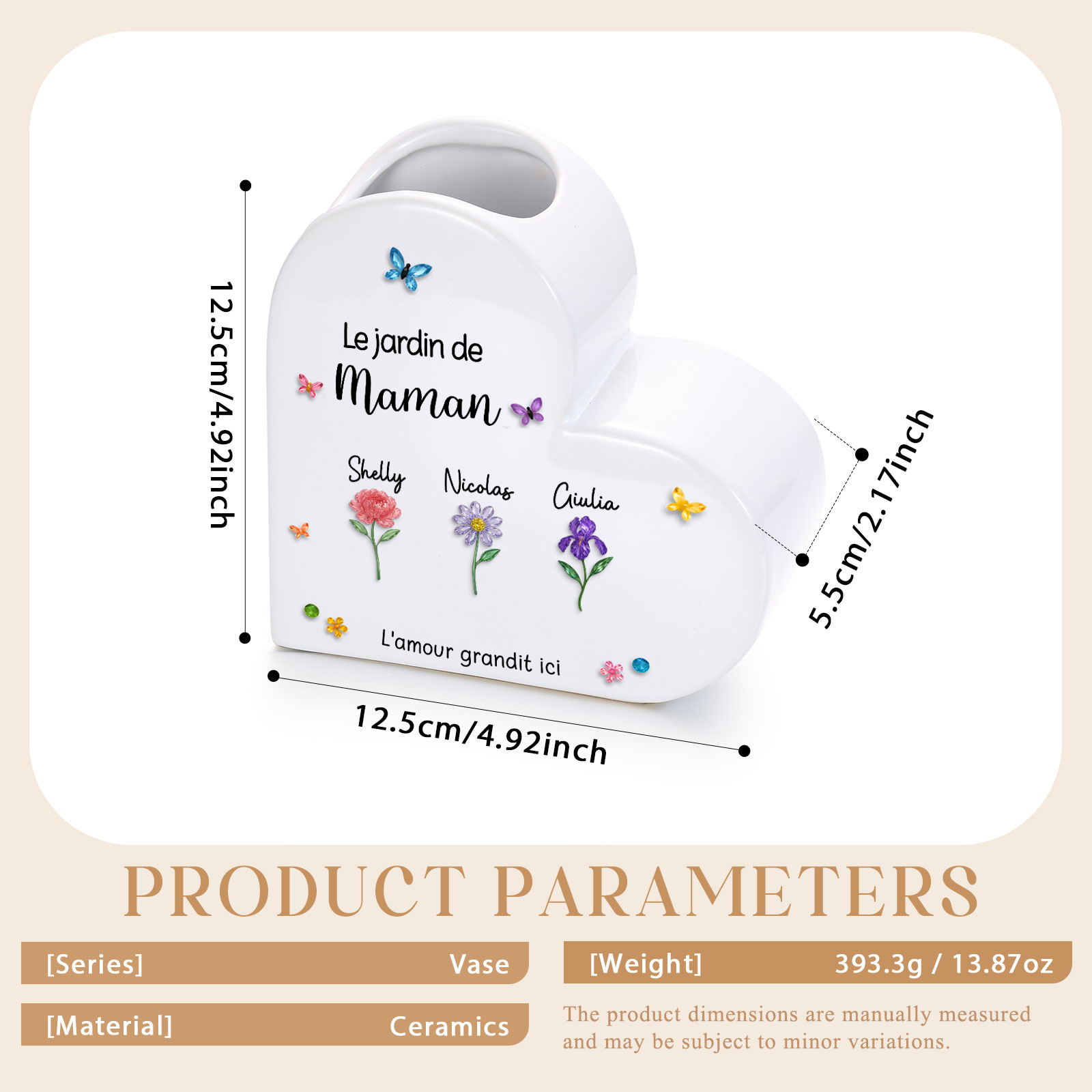 Vase Cœur en Céramique Personnalisé avec 1 à 10 Prénoms et Fleurs de naissance pour Maman/Mamie