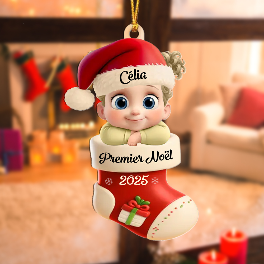 Décoration Sapin Noël en forme de Chaussette pour Premier Noël de Bébé (Design imprimé – non 3D)