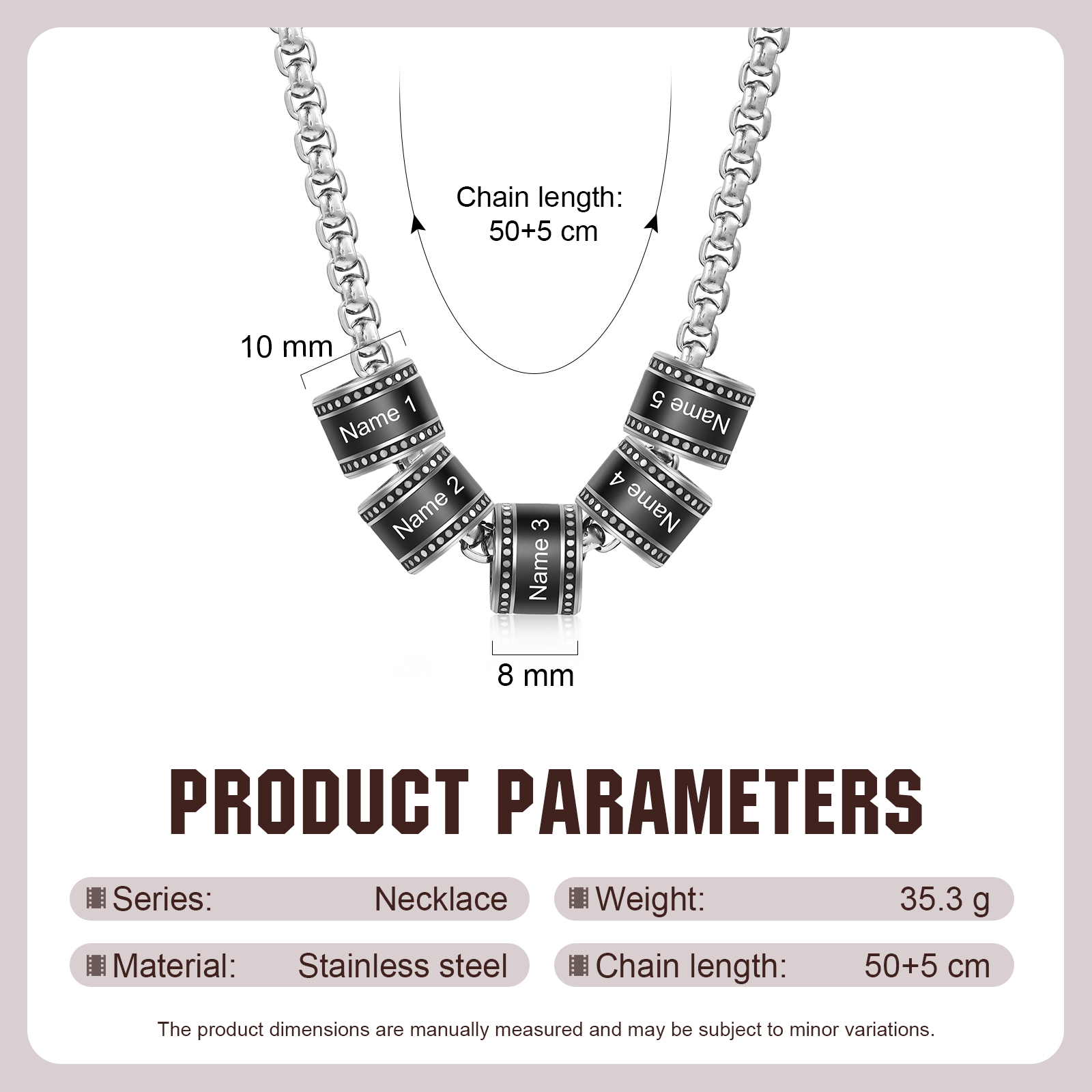 Collier chaîne avec perles cylindriques personnalisées (2 à 5 prénoms) – bijou homme moderne