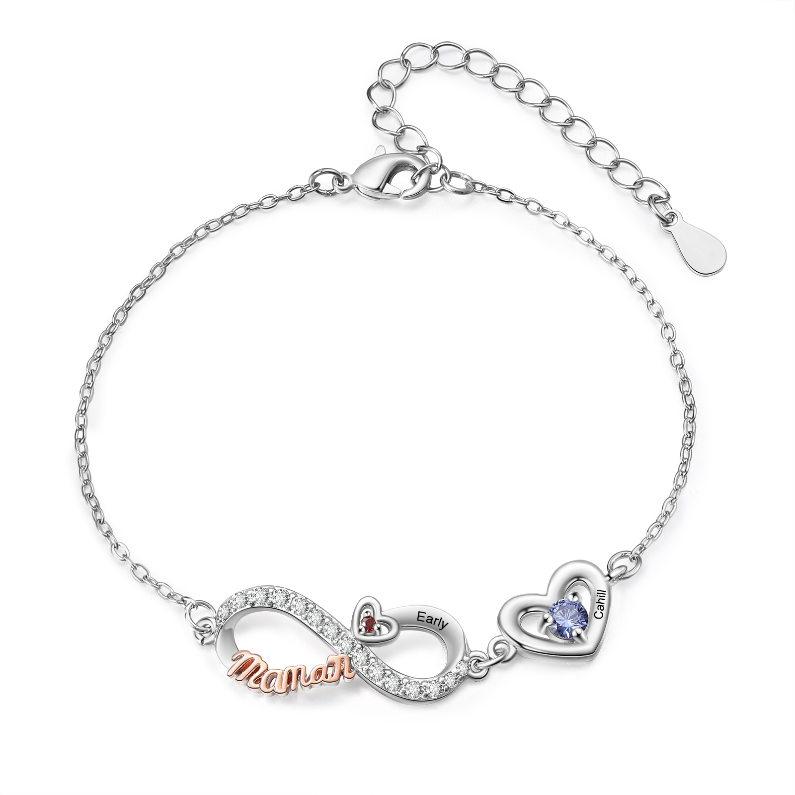 Bracelet Cœur Infini Personnalisé avec Pierres de naissance pour Maman, personnalisable avec 2 à 6 Prénoms