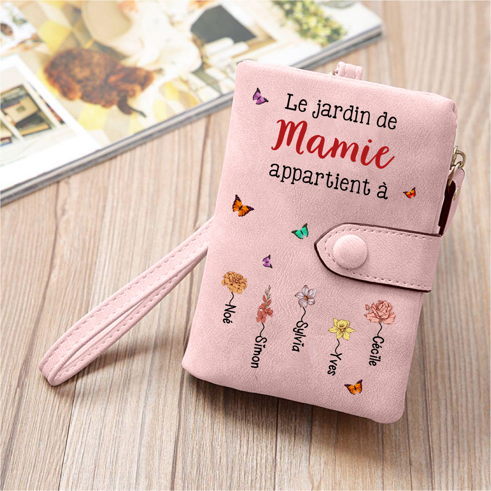 Portefeuille Personnalisé « Le Jardin de Maman/Mamie » avec Fleurs & Prénoms des Enfants - cadeau Fête des Mères/Grand-mères
