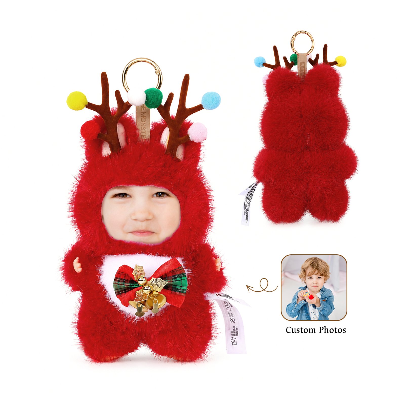 Porte-clés photo personnalisé en peluche d’élan de Noël