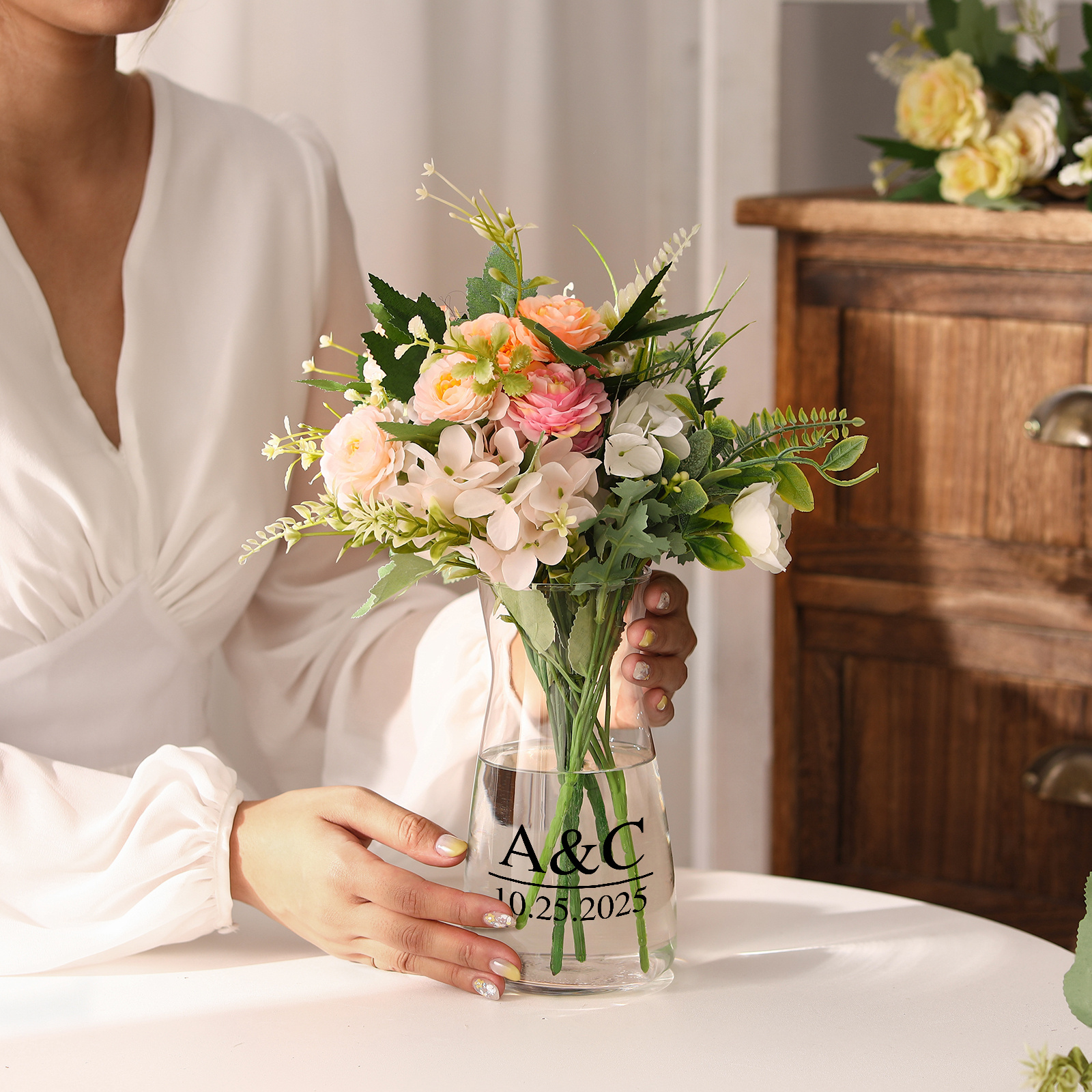 Vase en verre transparent personnalisé – pour Couple, Fiançailles ou Mariage (sans fleurs)