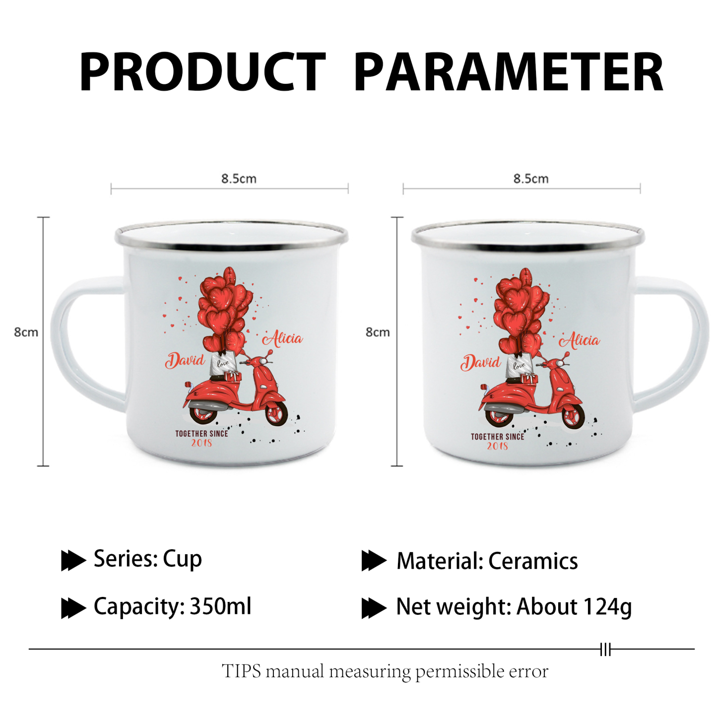 Tasse émaillée 2 Prénoms Personnalisés avec Texte et Année pour Couple