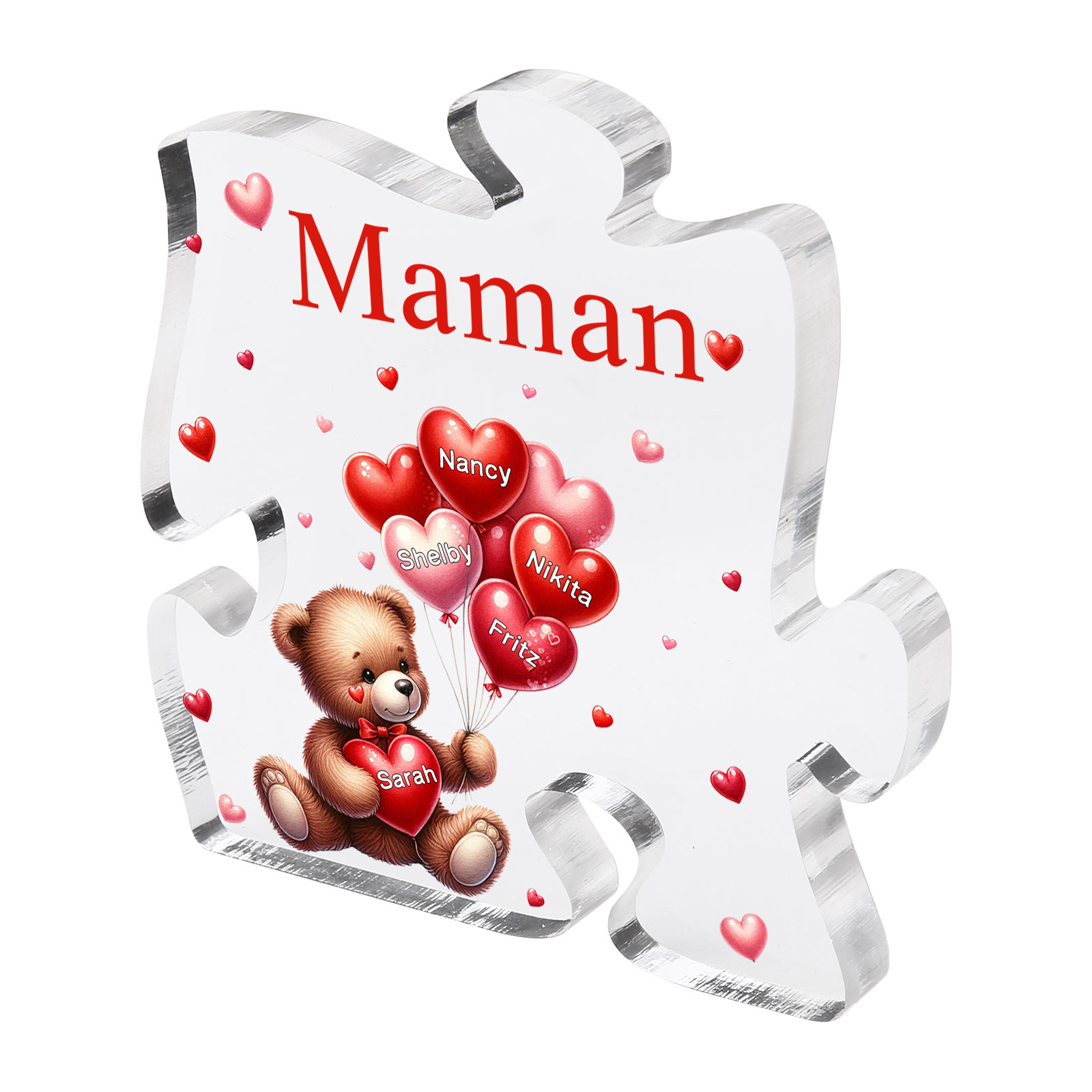 Plaque Acrylique en forme de Puzzle Ours 5 Prénoms et 1 Texte Personnalisés