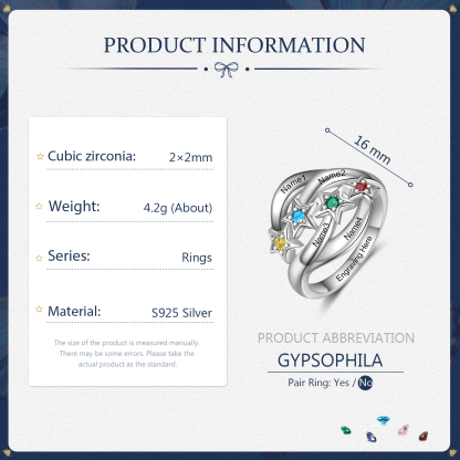 Bague étoilé 4 Prénom Personnalisé avec 4 Pierre de Naissance et texte en Argent 925