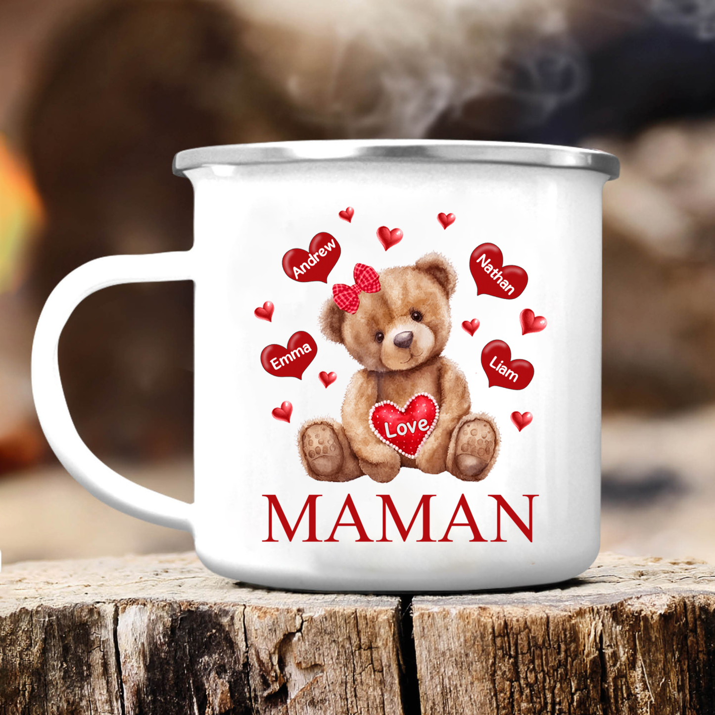 À Maman/Mamie - Tasse émaillée Ours 4 Prénoms Personnalisés