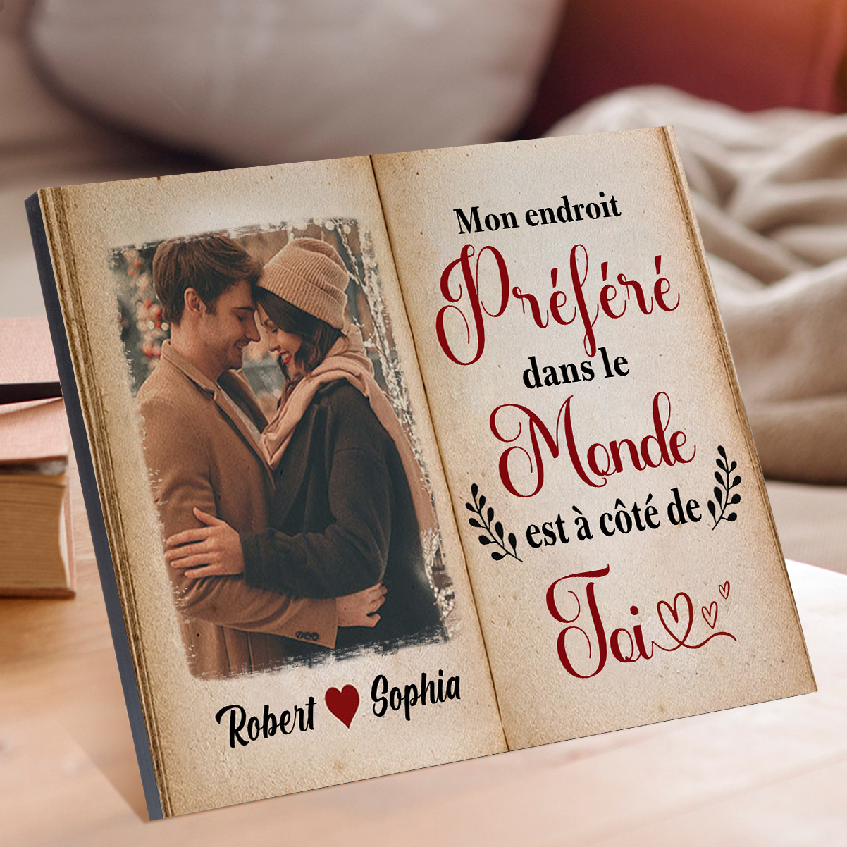 Cadre en Bois 2 Prénoms Personnalisés avec Photo pour Couple Cadeau Saint Valentin