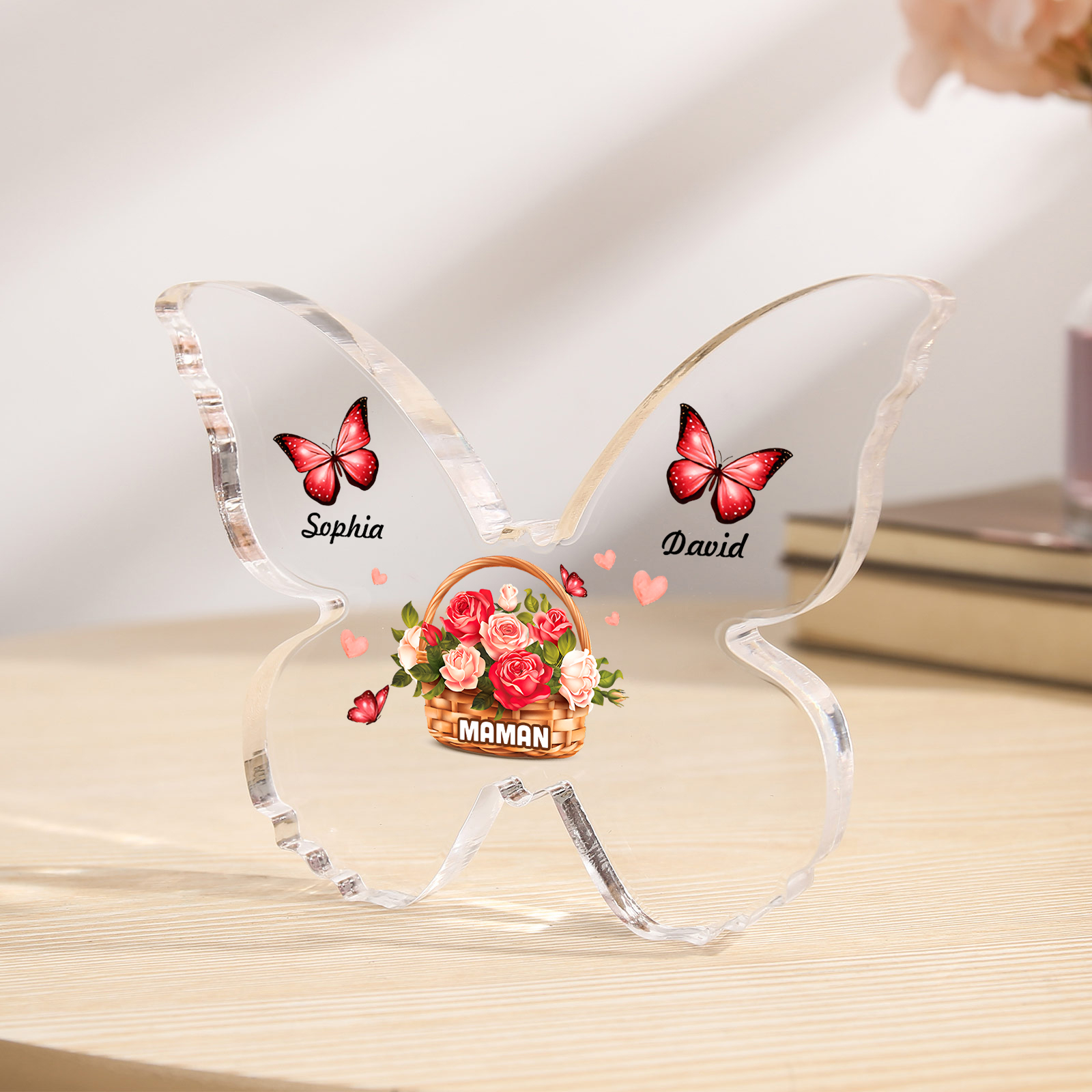 À Maman/Mamie - Plaque Acrylique en forme de Papillon 2 Prénoms et 1 Texte Personnalisés Decoration Fleurs et Papillons