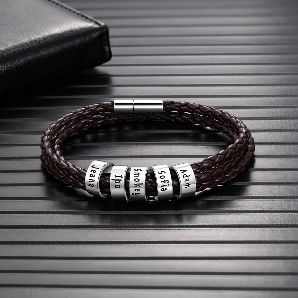 Bracelet Cuir tressé Prénom Personnalisé Bracelet Homme Avec 5 Perles
