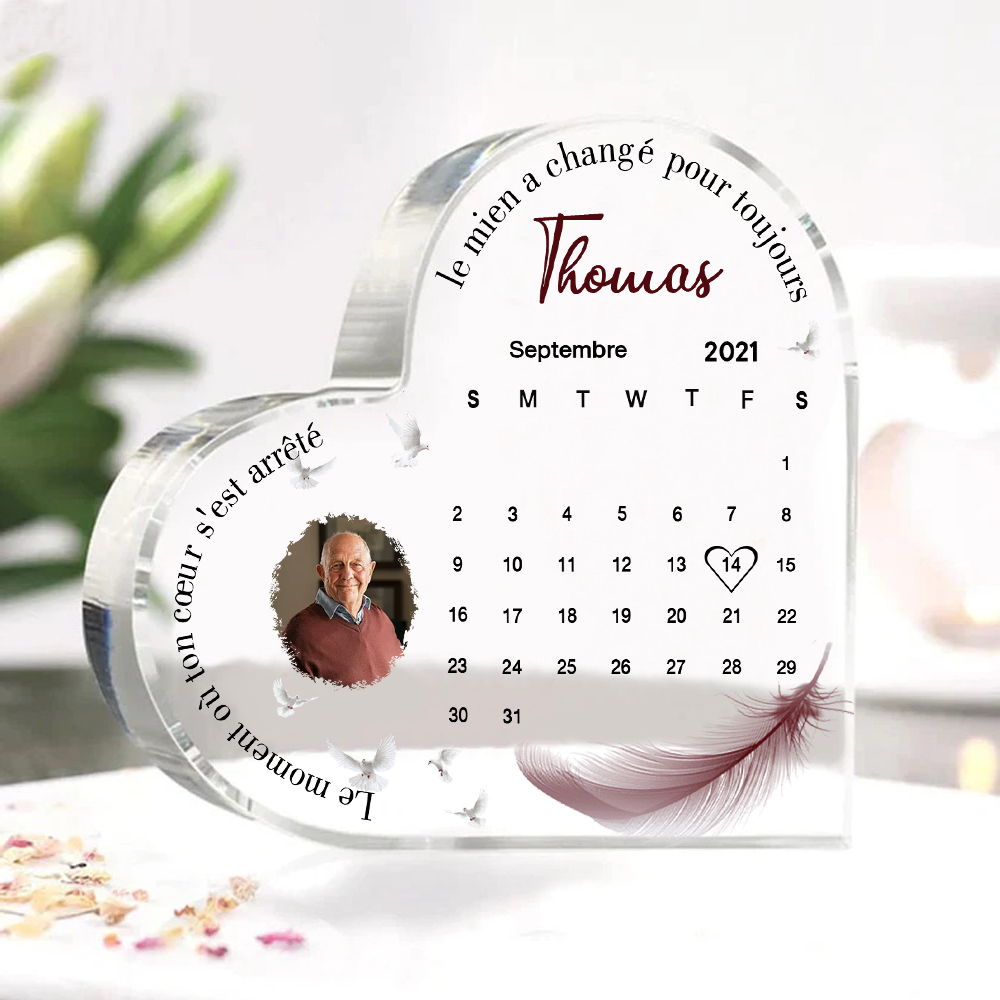 Plaque Acrylique en Forme de Cœur Commémorative 1 Prénom et Date Personnalisés avec Photo