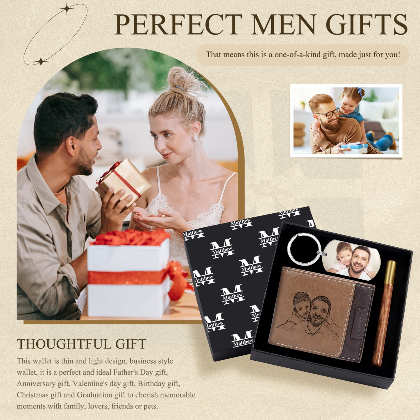 Coffret Cadeau 3PCS - Portefeuille classique Porte-Clés et Stylo 1 Prénom et Lettre Personnalisés avec 2 Photos et Textes Coffret Cadeau pour Homme