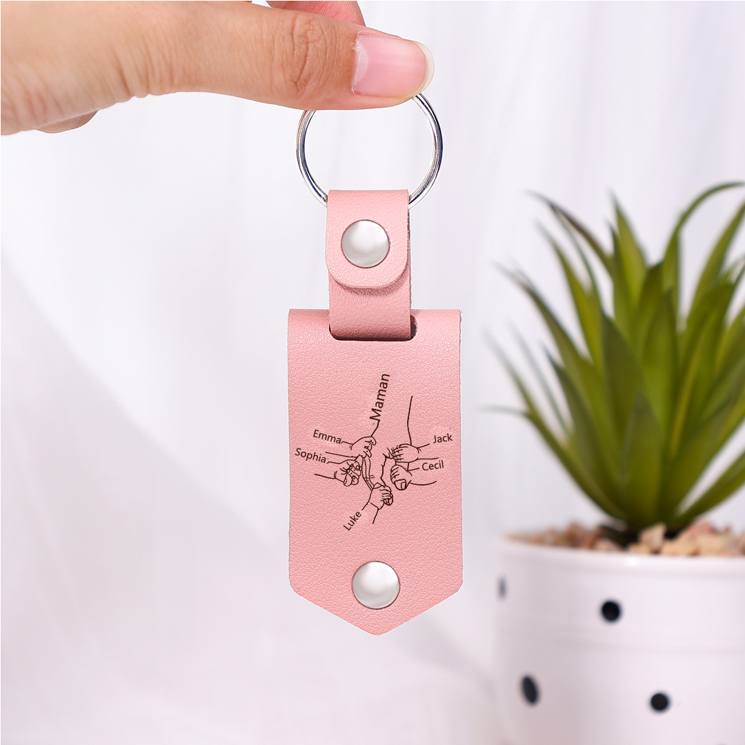 À ma Maman - Porte-Clés Cuir la Main dans la Main 5 Prénoms Personnalisés avec Photo | Jessemade