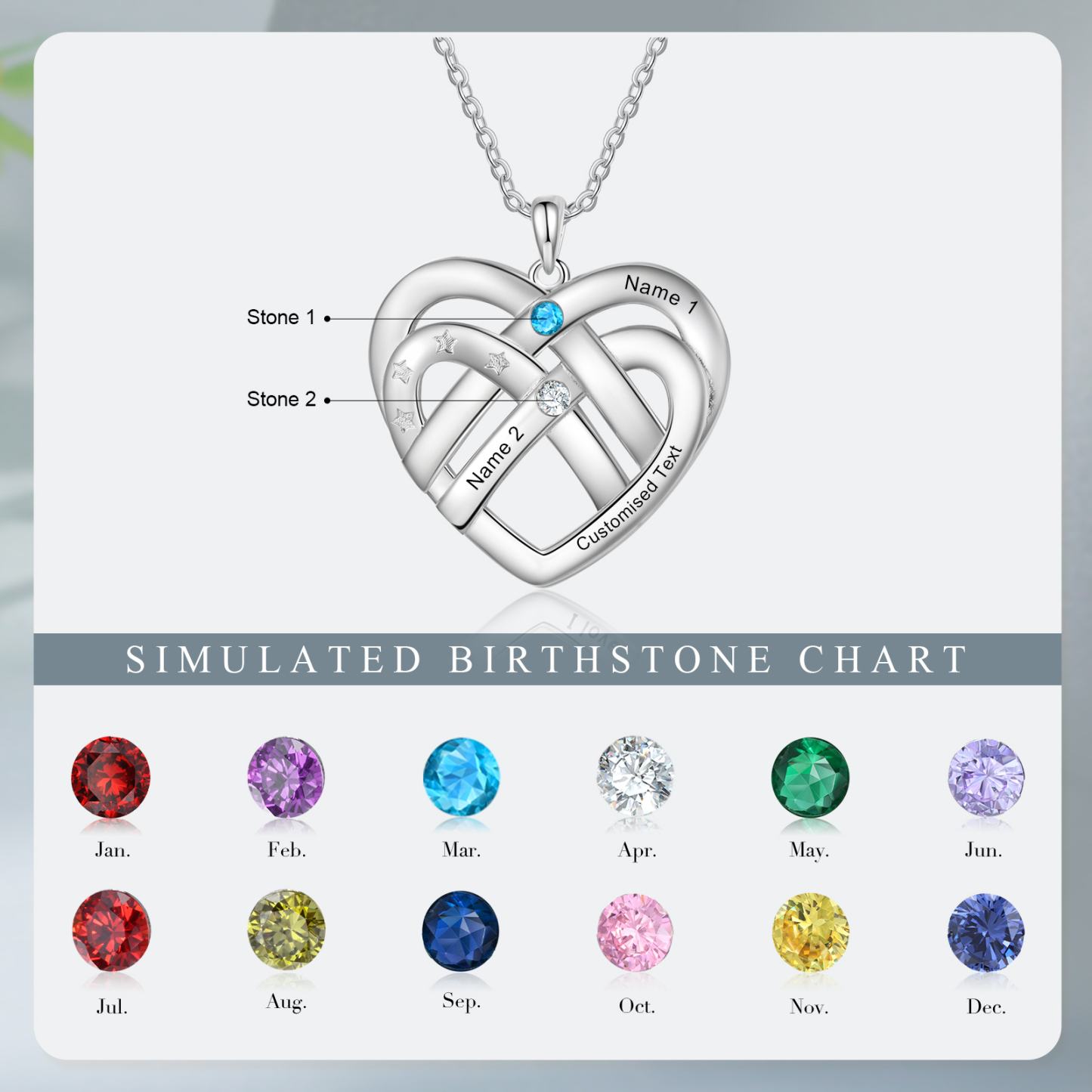 Collier Pendentif Cœur 2 Prénoms et 1 Texte Personnalisés avec 2 Pierres de Naissance Collier Femmes
