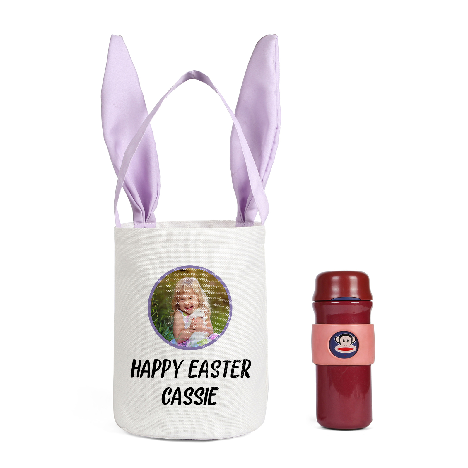 Sac de Pâques Lapin 1 Prénom et Photo Personnalisés avec Texte Tote Bag Enfant