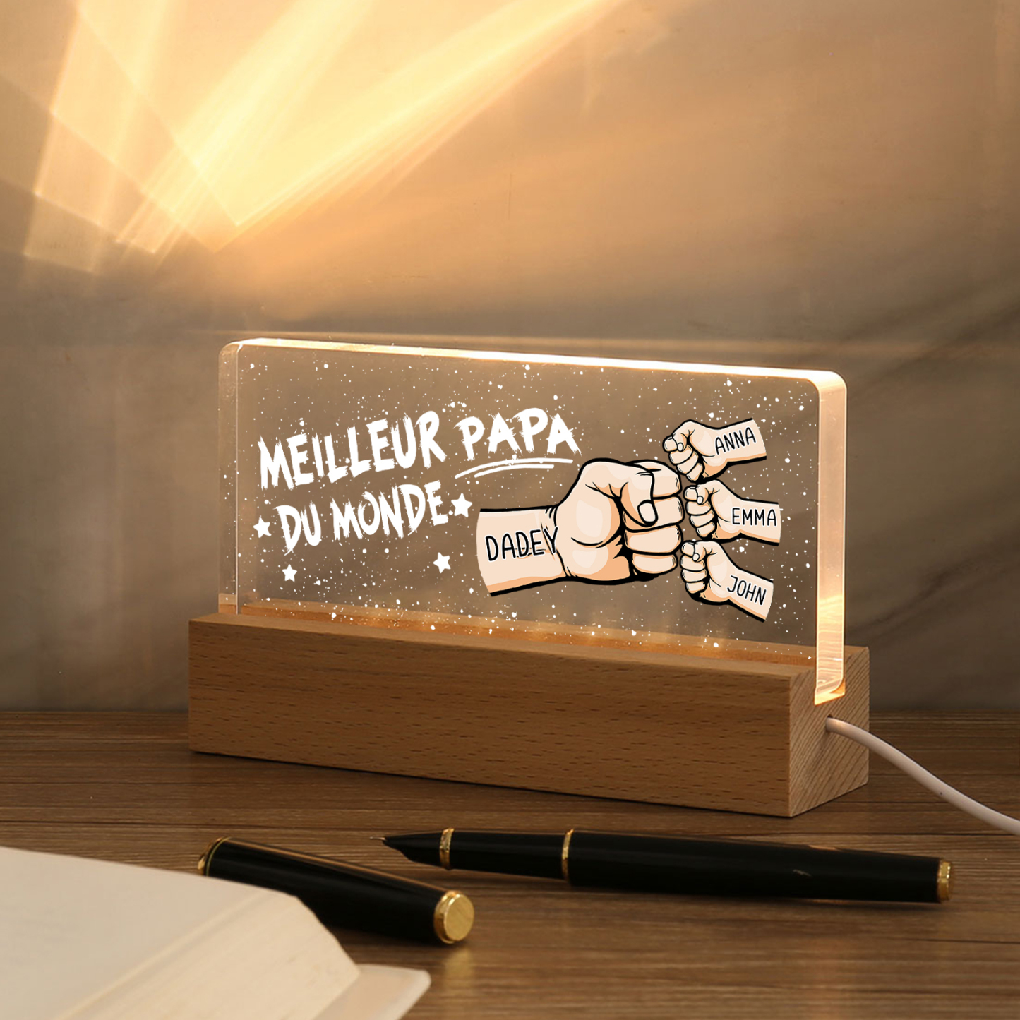 À mon Papa- Lampe de chevet LED Poings 4 Prénoms Personnalisés
