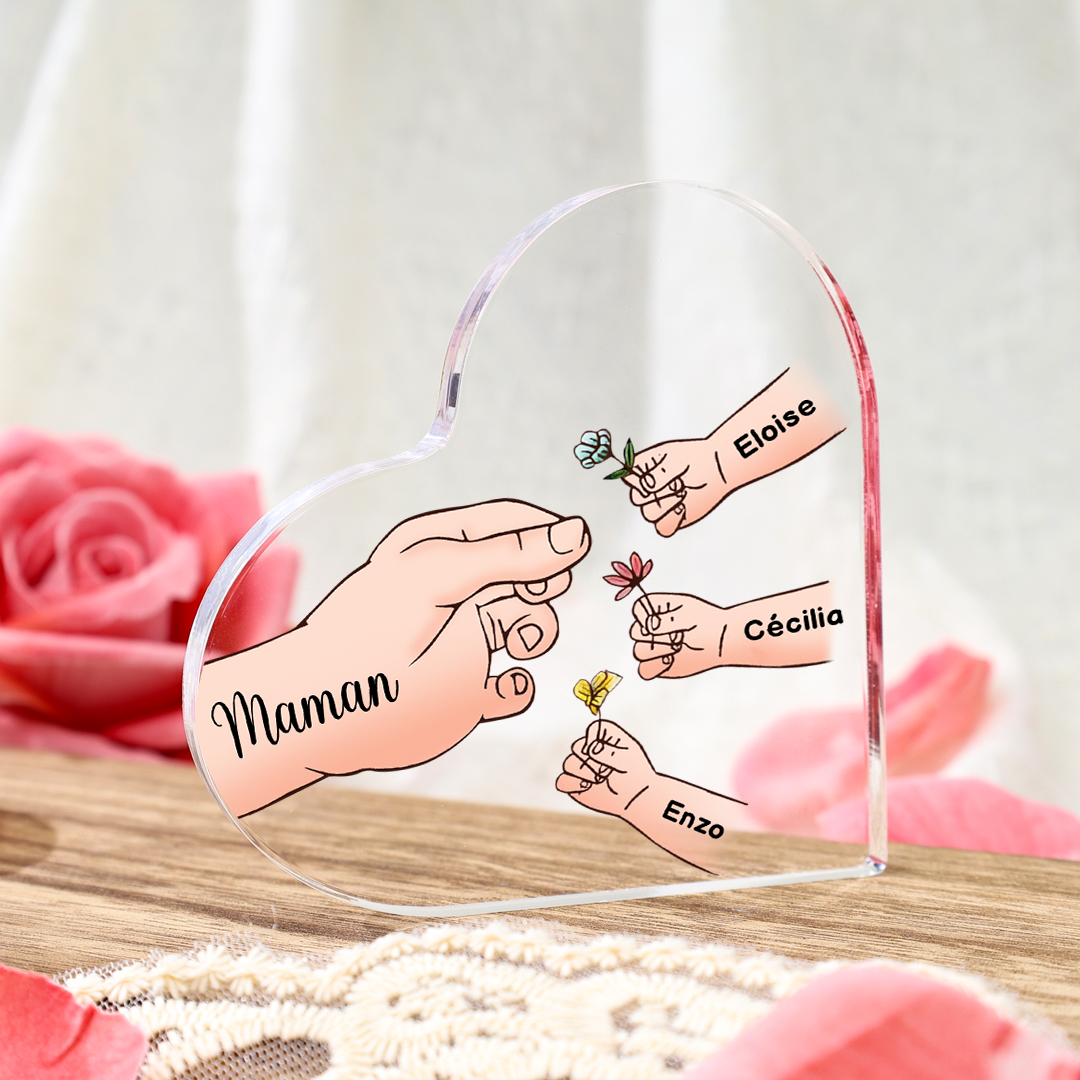 À ma Maman/Mamie - Plaque Acrylique en forme de Cœur Mains et Enfants 1-8 Prénoms Personnalisés