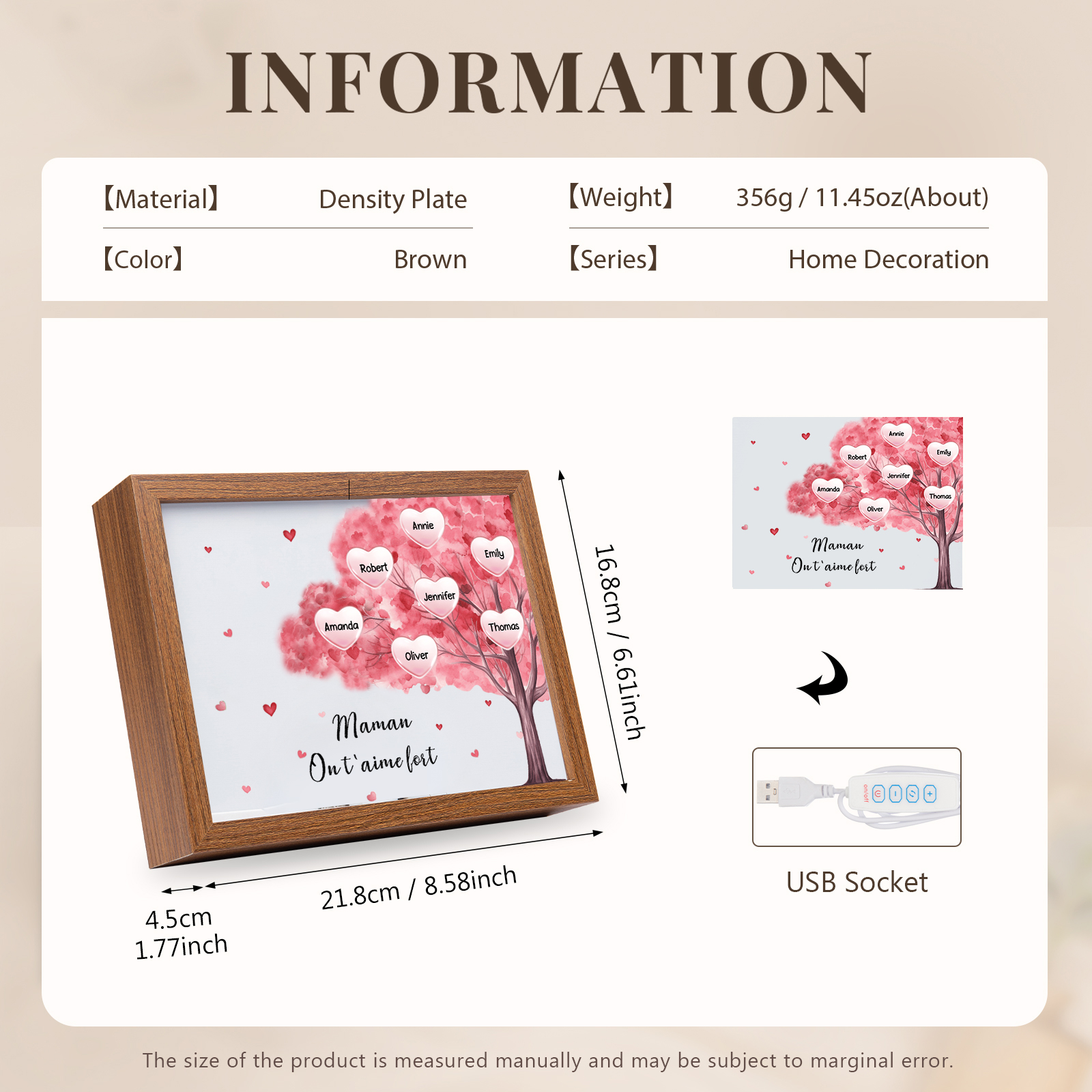 Cadre Photo LED Arbre 7 Prénoms Personnalisés avec 1 Texte Décoration Famille