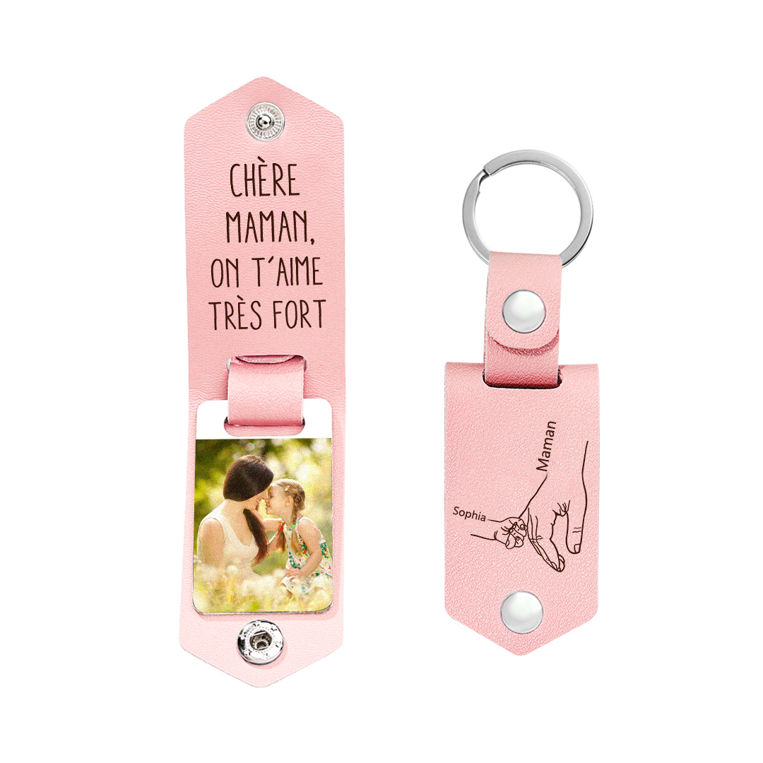 À ma Maman - Porte-Clés Cuir la Main dans la Main 1 Prénom Personnalisé avec Photo