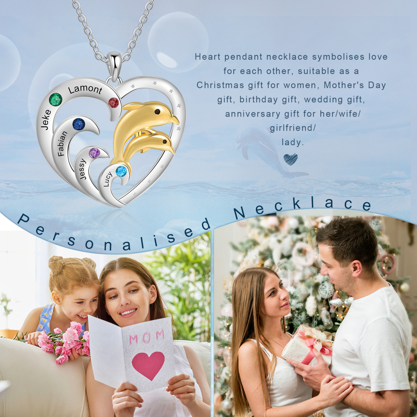 Collier Pendentif Cœur et Dauphin 5 Prénoms Personnalisés avec 4 Pierres de Naissance
