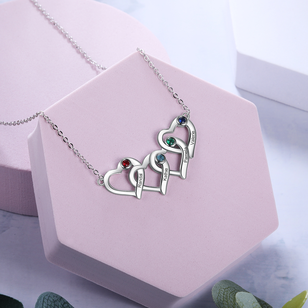 Collier Coeur 4 Prénoms Personnalisés Pendentif avec 4 Pierre de Naissance｜Jessemade