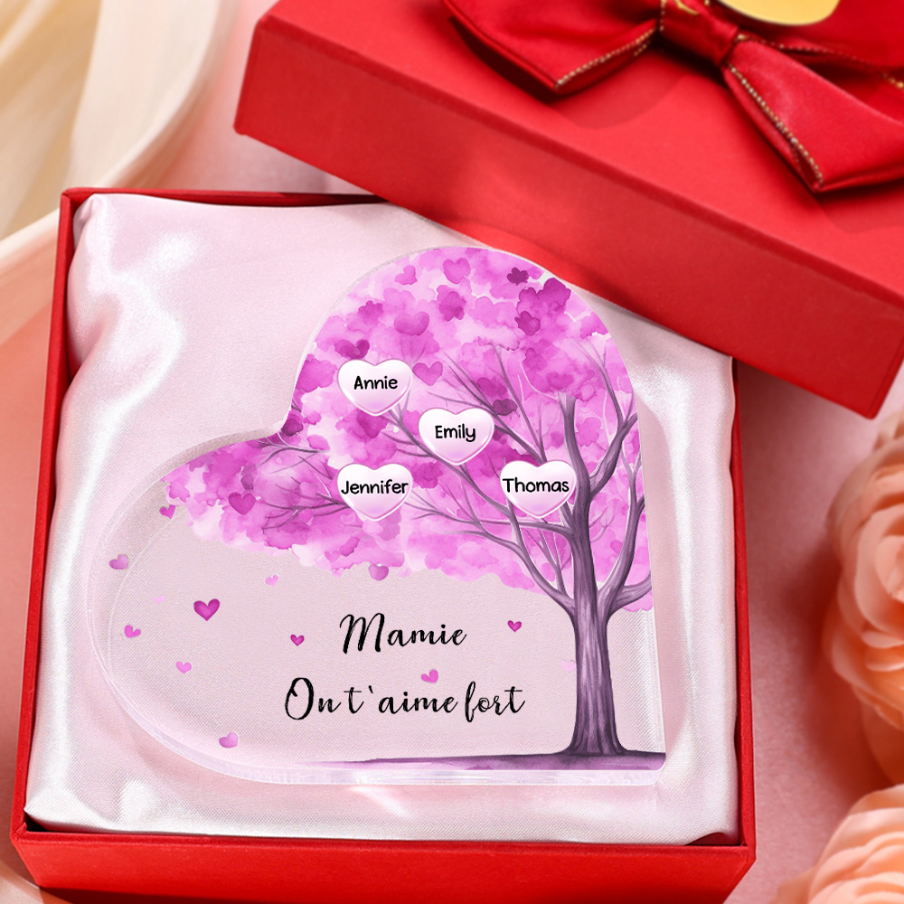 À ma Maman/Mamie - Plaque Acrylique Arbre en Forme de Cœur 4 Prénoms Personnalisés avec 1 Texte