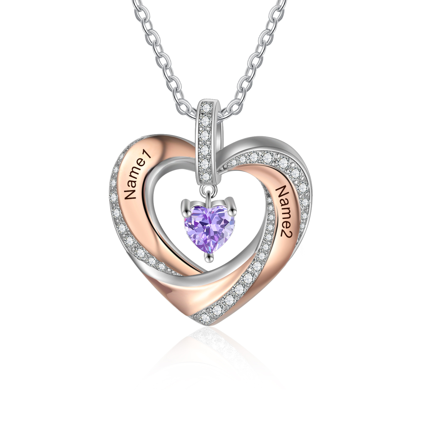 Collier 2 Prénoms Personnalisé Pendentif avec 1 Pierre de Naissance Cœur