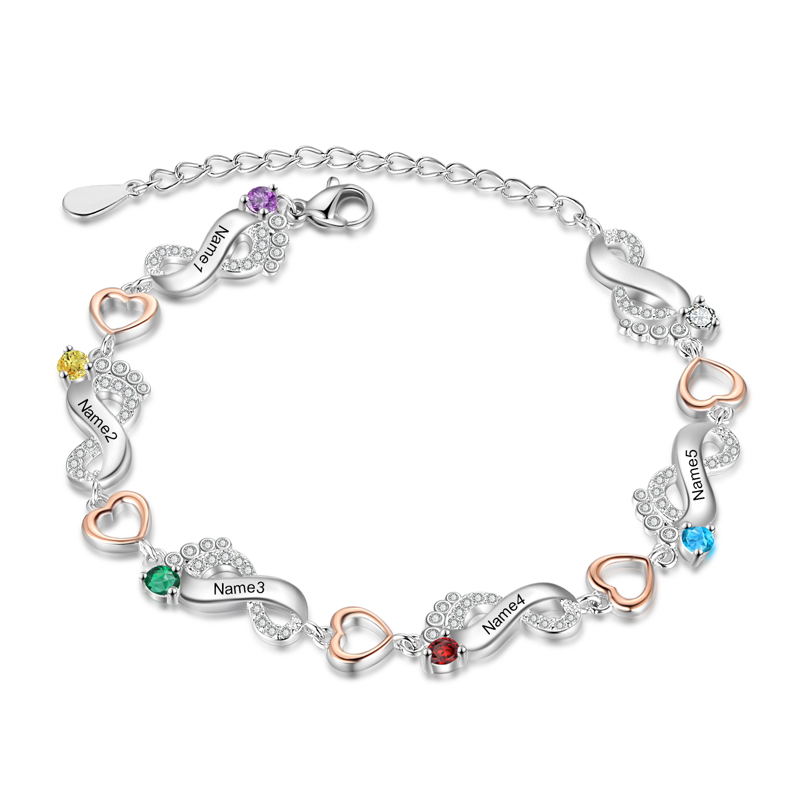 Bracelet Pied bébé et Cœur Personnalisé avec 5 Prénoms et Pierres de naissance Bracelet pour Femme | Jessemade
