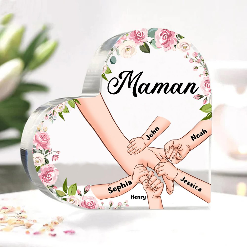 Plaque Acrylique en Forme de Cœur La Main Dans La Main 5 Prénoms Personnalisés avec Texte