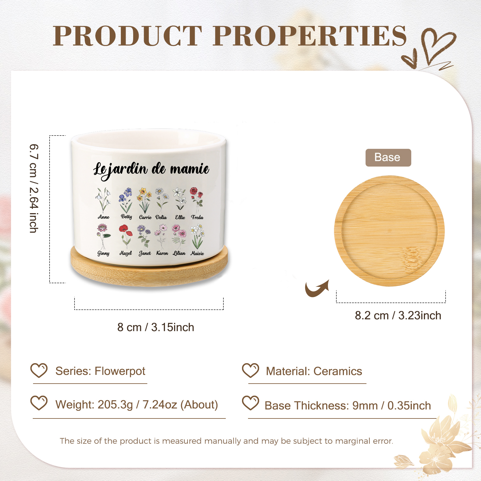 Vase/Pot de Fleurs 12 Prénoms et 1 Texte Personnalisés avec Fleurs de Naissance Décoration de la Maison (sans plantes)