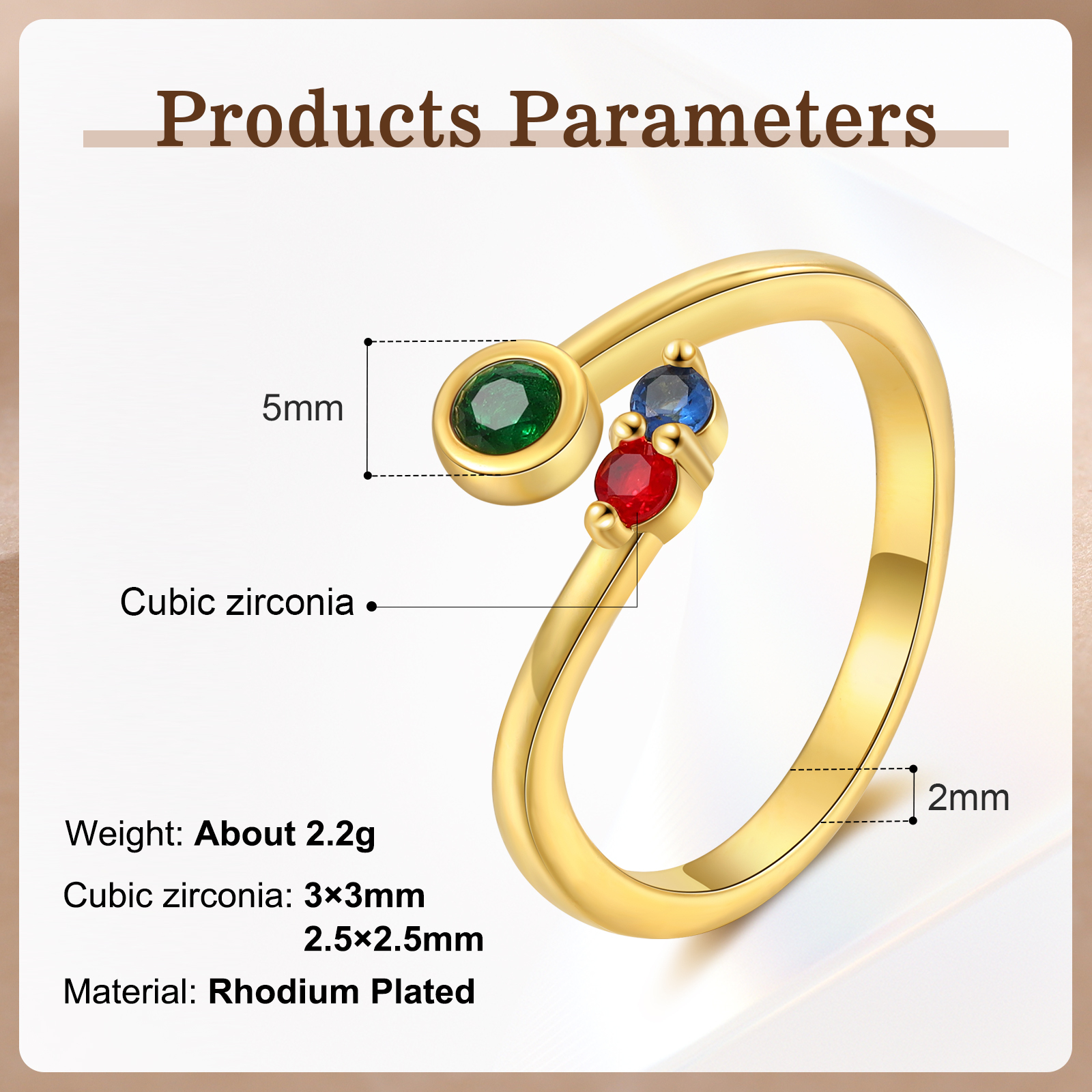 Bague Ouverte 3 Pierres de naissance Personnalisées pour Femmes