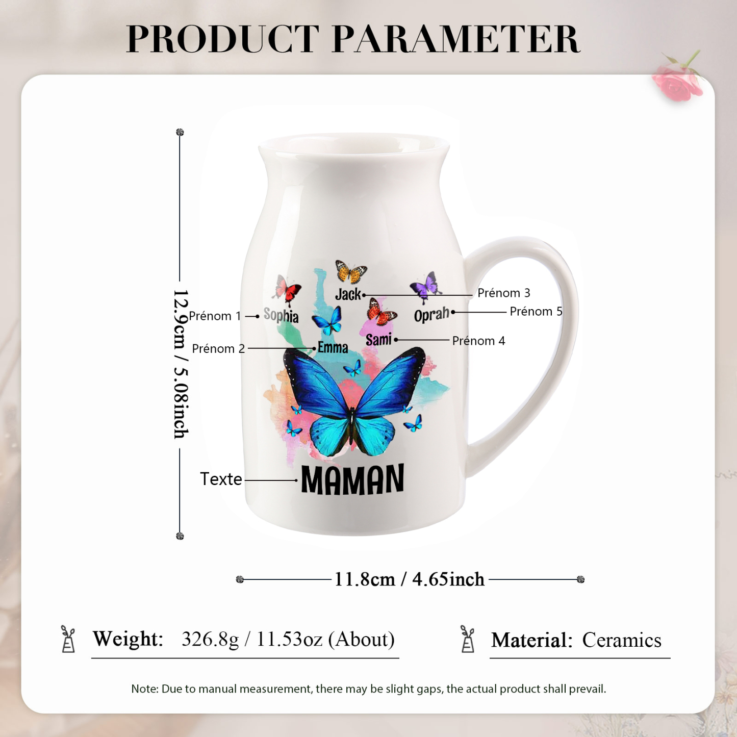 Vase à Fleurs Papillons 5 Prénoms Personnalisés avec Texte Décoration de la Maison
